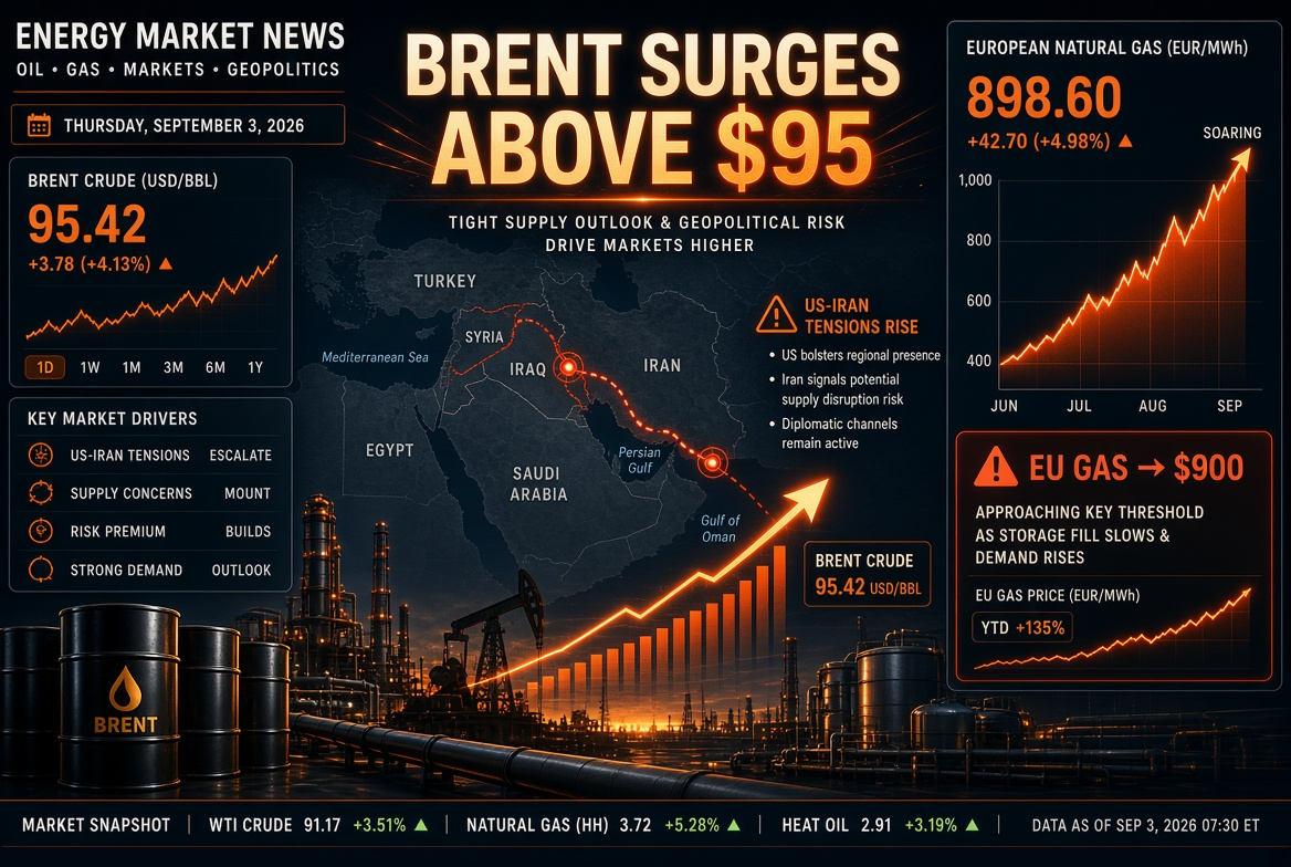 Petrol ve enerji haberleri — 3 Eylül 2026: ABD ve İran gerginliği Brent'i 95$'ın üzerine taşıdı, Avrupa'da gaz fiyatları 900$'a çıkıyor.