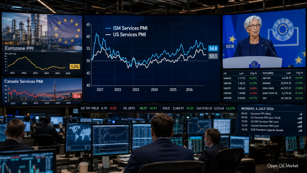 6 Temmuz 2026 için Ekonomik Takvim: ABD ISM Hizmet PMI, Euro Bölgesi PPI, Kanada PMI, ECB Başkanı Christine Lagarde'ın konuşmaları ve yatırımcı yaklaşımları