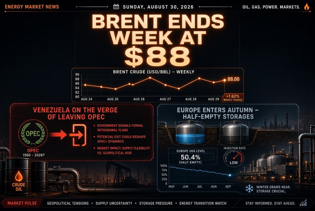 Petrol ve enerji haberleri — Pazar, 30 Ağustos 2026: Venezuela OPEC'ten çıkma eşiğinde, Brent haftayı 88 $ seviyesinde kapatıyor, Avrupa yarı dolu gaz depoları ile kışa giriyor