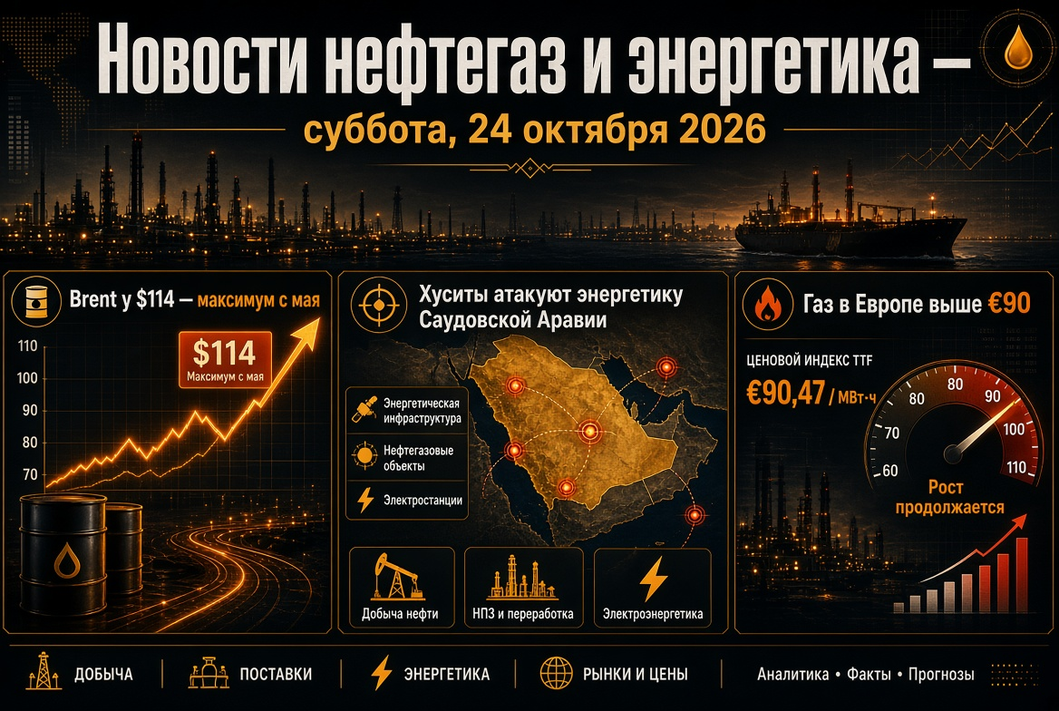 Petrol ve Gaz Haberleri — Cumartesi, 24 Ekim 2026: Brent 114 $ — Mayıs'tan bu yana maksimum, Husiler Suudi Arabistan enerji sektörüne saldırıyor, Avrupa'da gaz 90 €’nın üzerinde.