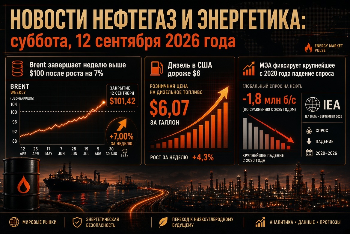 Petrol Gaz ve Enerji Haberleri: Cumartesi, 12 Eylül 2026 - Brent 100 $'ın Üzerinde Kapanıyor, ABD'de Dizel 6 $'dan Daha Pahalı, IEA 2020'den Bu Yana En Büyük Talep Düşüşünü Kaydediyor