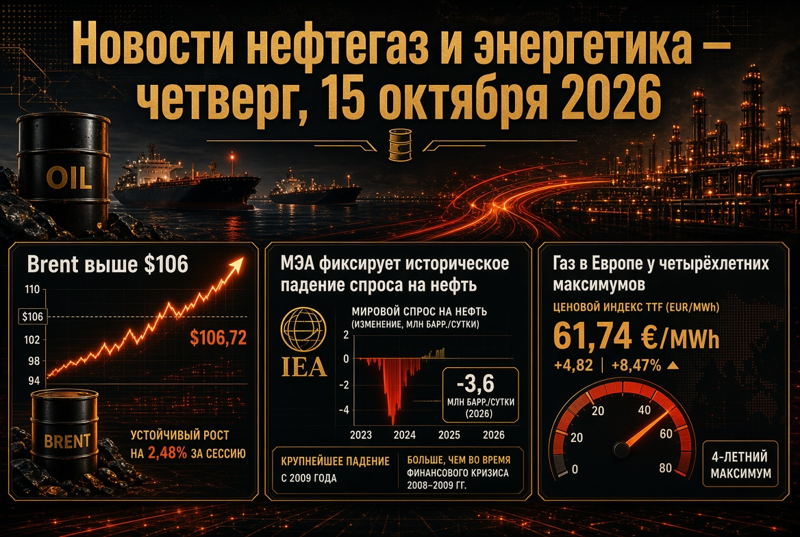 Petrol ve Enerji Haberleri - Perşembe, 15 Ekim 2026: Brent 106 $'ın Üzerinde, IEA Petrol Talebinde Tarihi Düşüş Kaydetti, Avrupa'da Gaz Dört Yılın Zirvelerinde