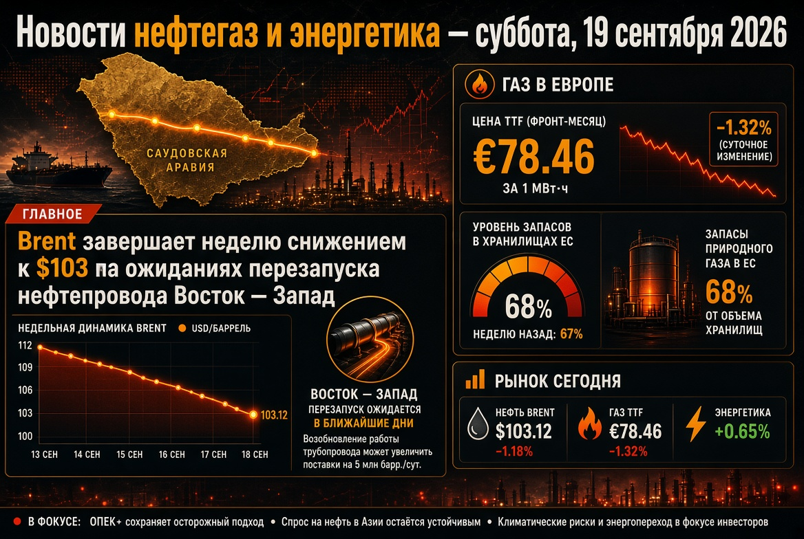 Petrol ve enerji - 19 Eylül 2026: Brent haftayı düşüşle $103'te tamamlıyor, Avrupa'da gaz fiyatı yaklaşık €78, stok %68