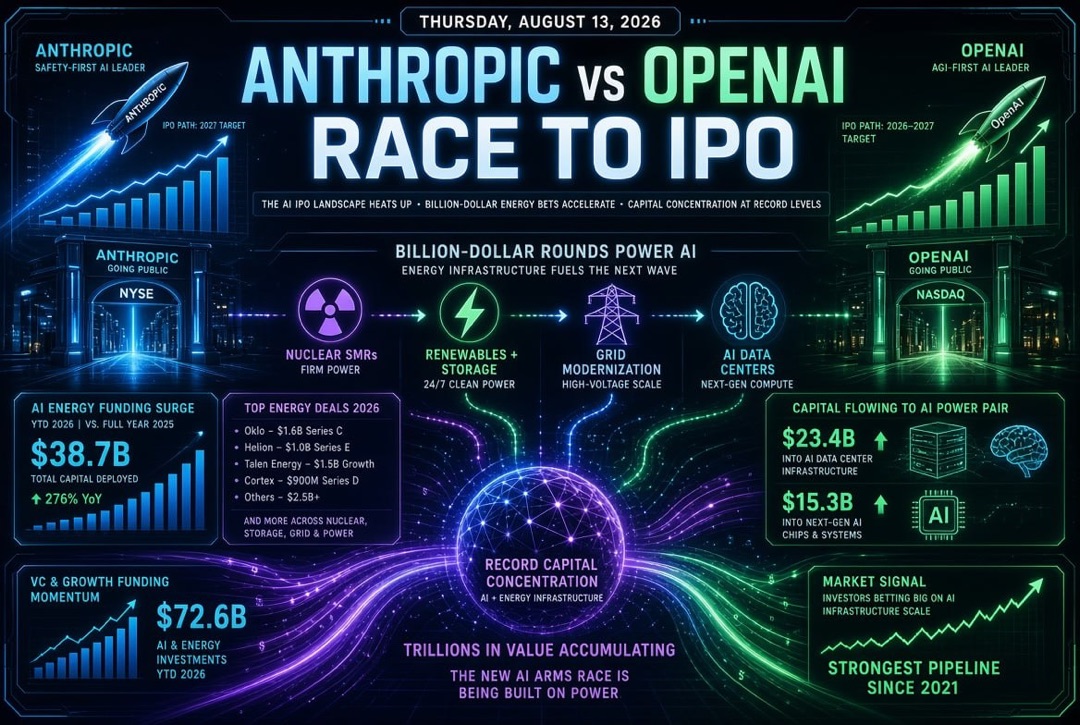 Girişim ve yatırım haberleri - 13 Ağustos 2026: Anthropic ve OpenAI'nin borsa yarışı, AI için enerji alanındaki milyar dolarlık turlar ve rekor sermaye yoğunlaşması.