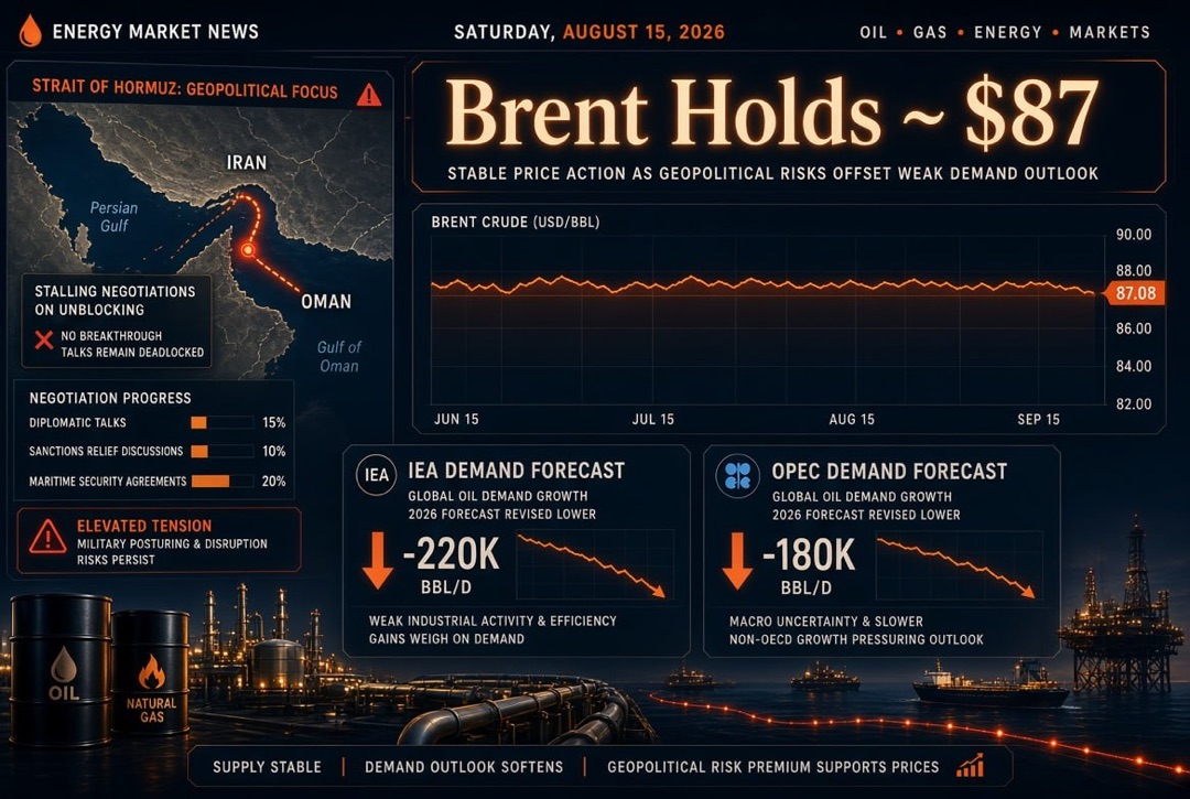 Petrol ve Enerji Haberleri - Cumartesi, 15 Ağustos 2026: Brent 87$'da kalıyor, Ormuz Boğazı'nın açılması için müzakereler tıkanmış durumda; IEA ve OPEC talep tahminlerini düşürüyor.