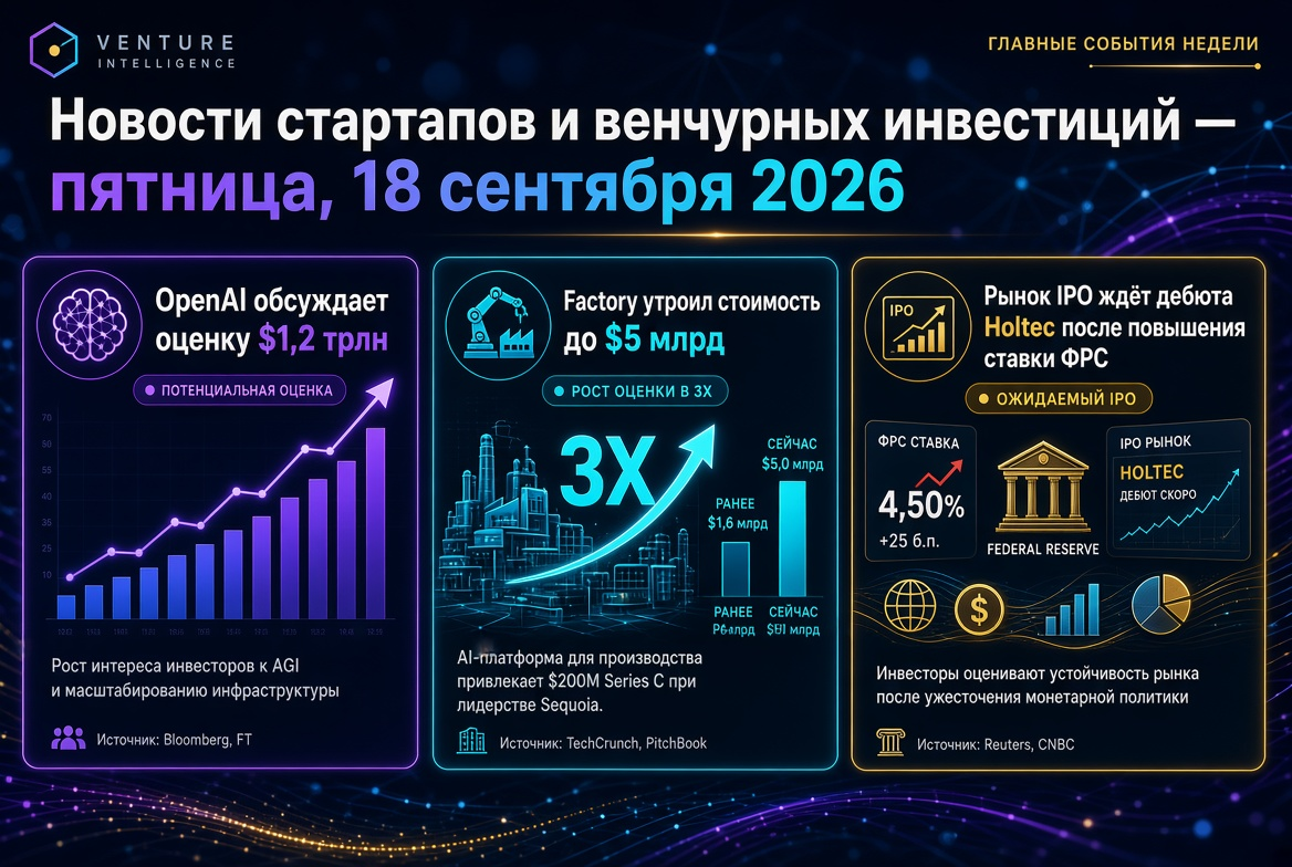 Girişim ve risk sermayesi haberleri — Cuma, 18 Eylül 2026: OpenAI 1,2 trilyon dolarlık değerlemesini tartışıyor, Factory 5 milyar dolara yükseldi, IPO piyasası Holtec'in debutunu bekliyor