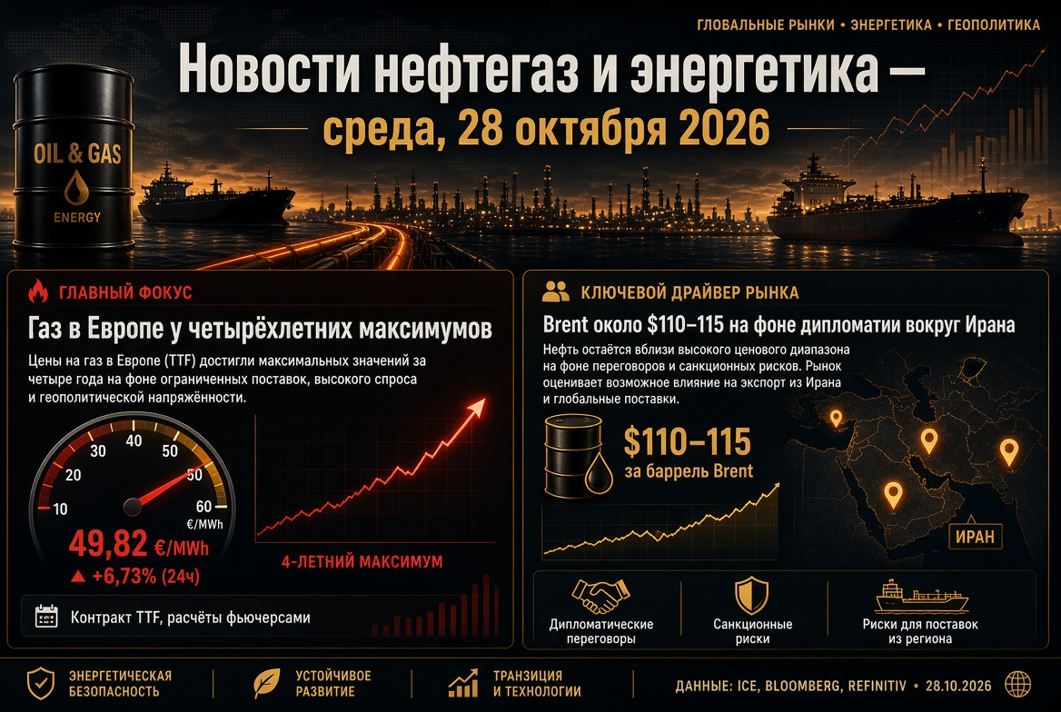 Petrol gaz ve enerji haberleri - 28 Ekim 2026: Avrupa'da gaz dört yıllık zirvelerde, Brent 110-115 $ civarında İran diplomasi çerçevesinde