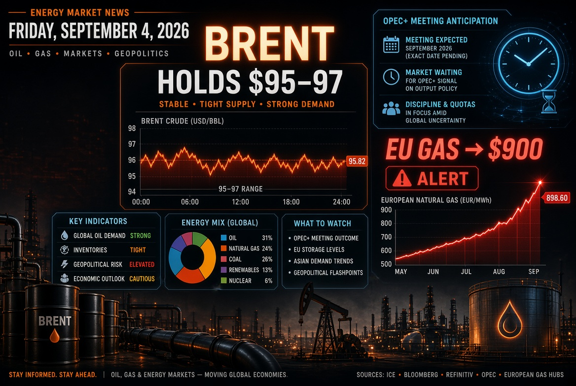 Petrol ve gaz haberleri ve enerji — 4 Eylül 2026: Brent 95–97 $ seviyesinde OPEC+ toplantısını bekliyor, Avrupa'daki gaz 900 $'ı aşıyor