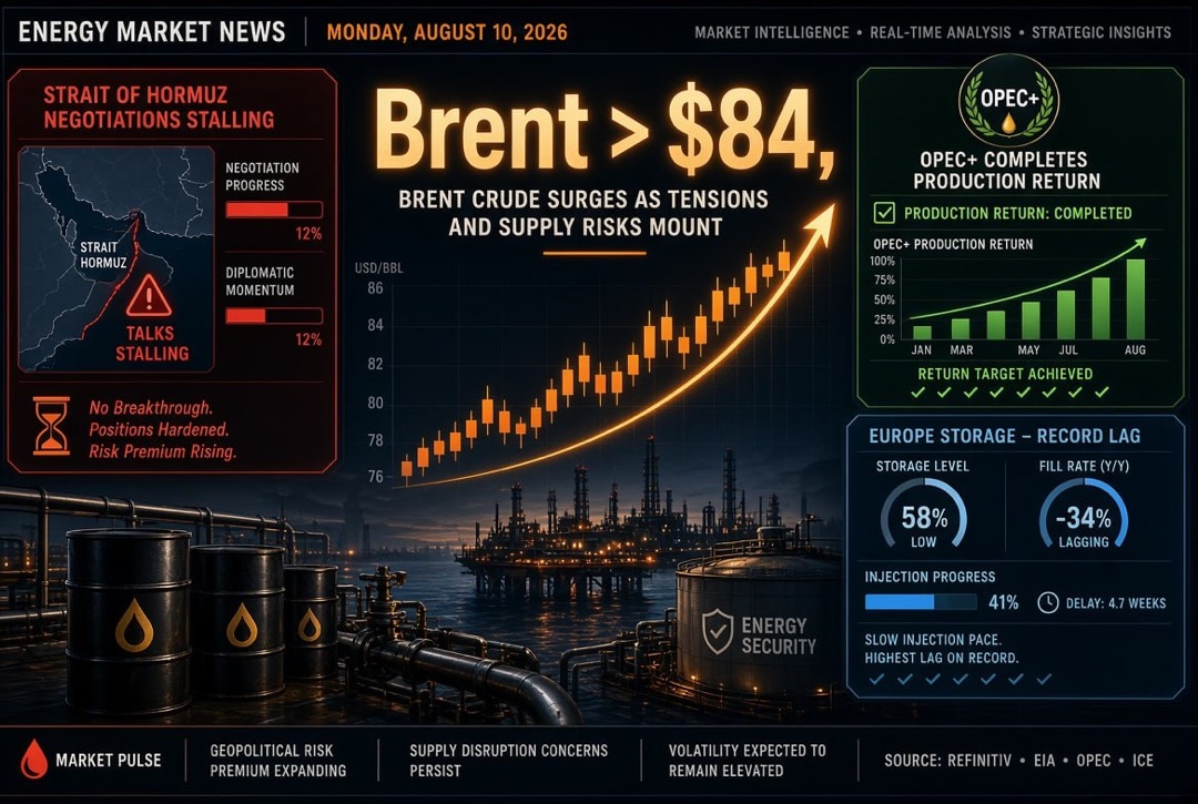 Petrol ve enerji haberleri - Pazartesi, 10 Ağustos 2026: Hurmuz Boğazı müzakereleri aksıyor, Brent $84 üzerinde, OPEC+ üretim kesintilerini tamamladı, Avrupa depolama yapıyor