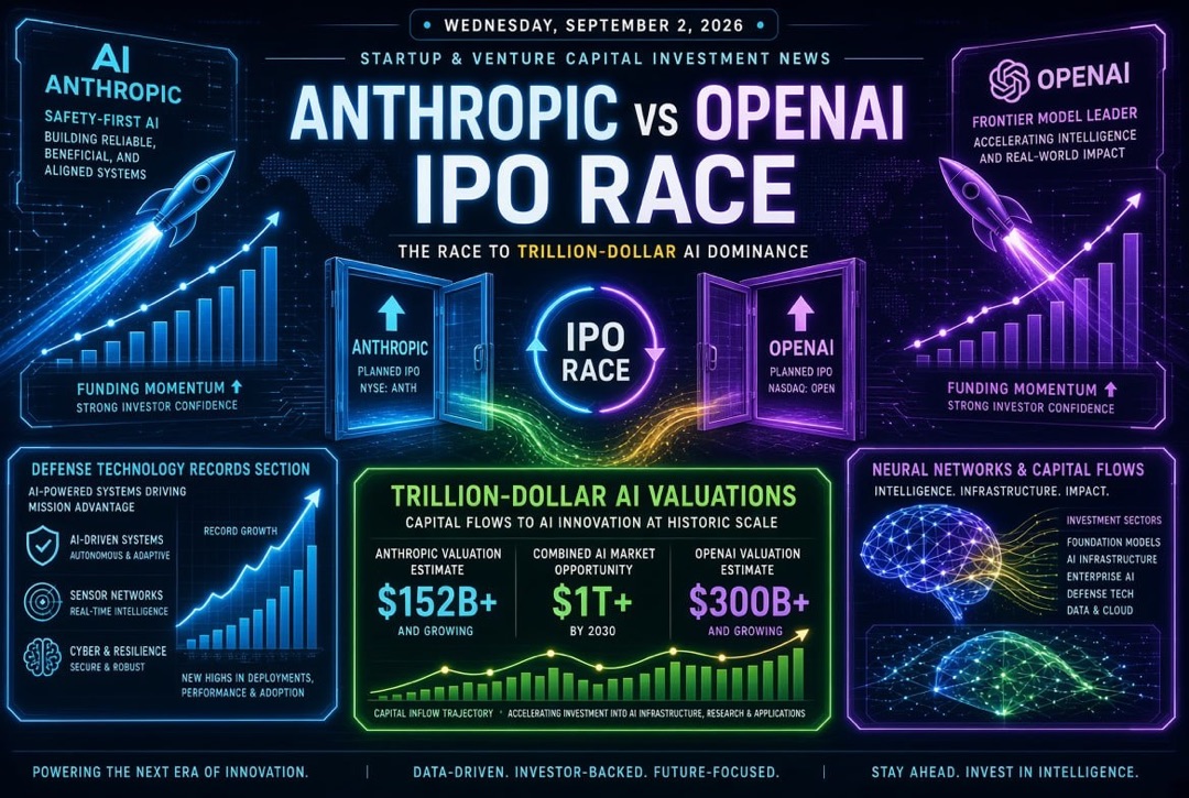 Startup ve girişim sermayesi haberleri — Çarşamba, 2 Eylül 2026: Anthropic ve OpenAI arasındaki IPO yarışı, yapay zekada trilyonluk değerlemeler ve savunma teknolojilerinde rekorlar.