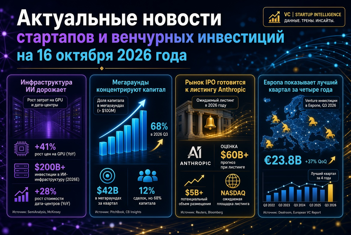 16 Ekim 2026 için güncel girişimcilik ve risk sermayesi haberleri: yapay zeka altyapısı değer kazanıyor, mega turlar sermayeyi yoğunlaştırıyor, IPO piyasası Anthropic’ın listelemesine hazırlanıyor ve Avrupa son dört yılın en iyi çeyreğini gösteriyor.