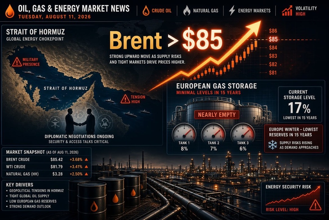Petrol ve Gaz Haberleri - 11 Ağustos 2026: Brent 85$’ı Aştı, Hürmüz Boğazı müzakereleri sürüyor, Avrupa 15 yılın en düşük gaz stoklarıyla kışa giriyor.
