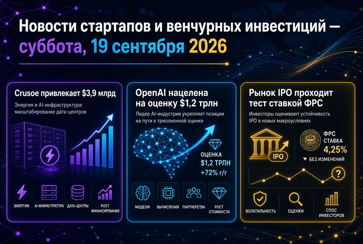 Girişim ve Risk Sermayesi Haberleri — Cumartesi, 19 Eylül 2026: Crusoe 3,9 Milyar Dolar Topluyor, OpenAI 1,2 Trilyon Dolar Hedefliyor, IPO Pazarı FRS ile Test Ediliyor