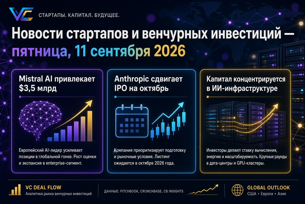 Girişim sermayesi ve startup haberleri — Cuma, 11 Eylül 2026: Mistral AI 3,5 milyar dolar topluyor, Anthropic IPO'sunu Ekim'e erteledi, sermaye yapay zeka altyapısına yoğunlaşıyor.