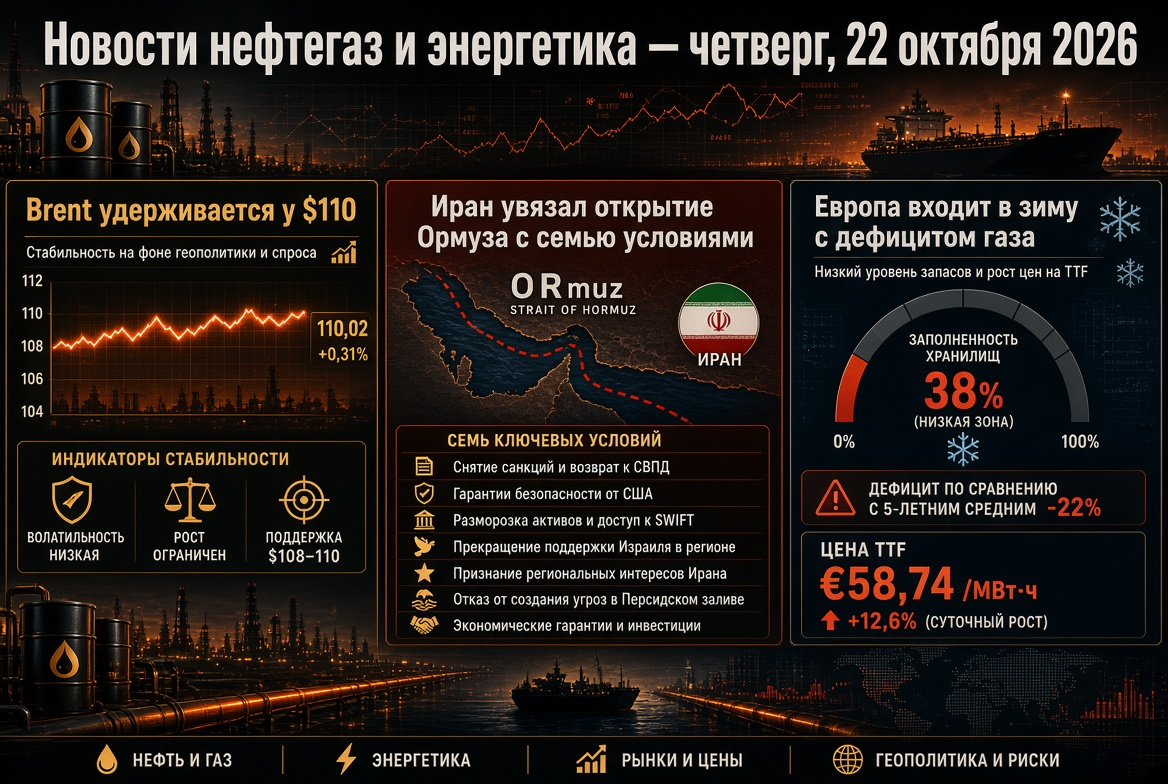 Petrol ve gaz haberleri — Perşembe, 22 Ekim 2026: Brent 110$'da tutuluyor, İran Hürmüz'ün açılışını yedi şartla bağladı, Avrupa kışa gaz sıkıntısı ile giriyor