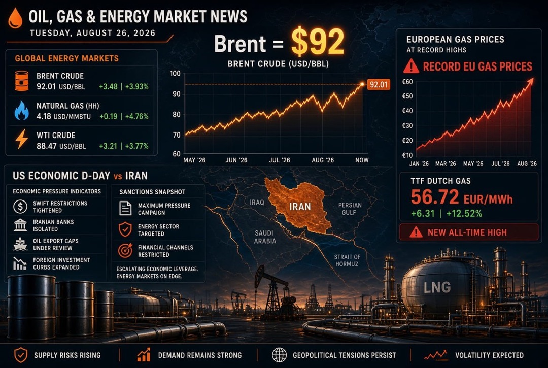 Petrol ve gaz haberleri - 26 Ağustos 2026 Salı: ABD’nin İran’a karşı “ekonomik D-Günü”, Brent 92$ ve Avrupa’da rekor gaz fiyatları