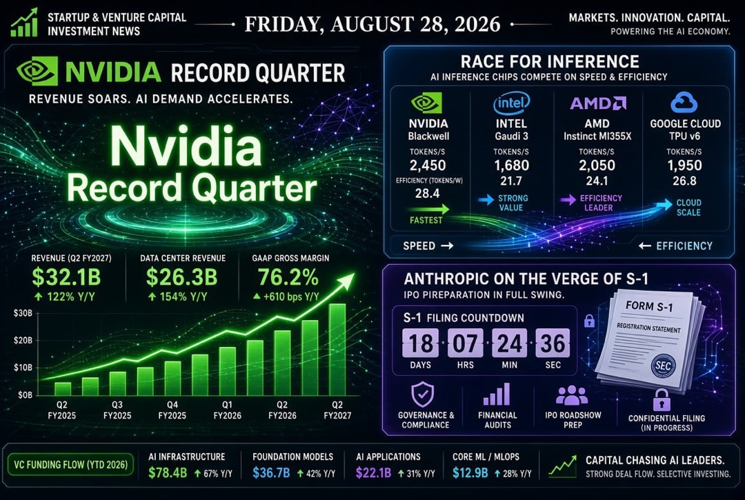 Girişim Haberleri ve Risk Sermayesi - Cuma, 28 Ağustos 2026: Nvidia'nın rekor çeyrek dönemi, çıkarım rekabeti ve Anthropic halka arzının eşiğinde