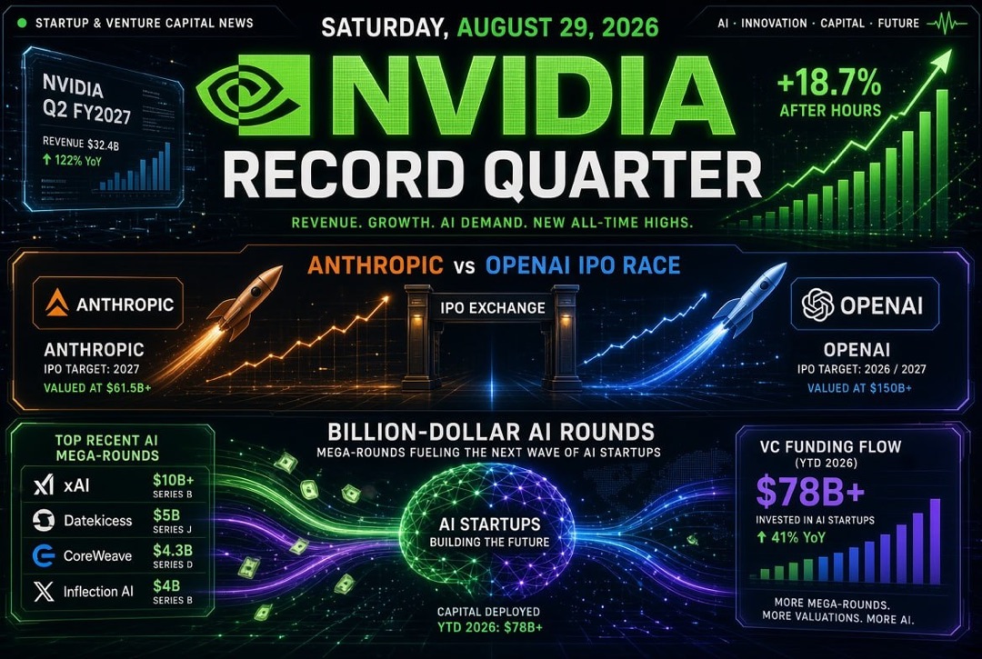 Girişim ve Girişim Sermayesi Haberleri — Cumartesi, 29 Ağustos 2026: Nvidia'nın rekor çeyrek dönemi, Anthropic ve OpenAI'nin IPO yarışı ve milyarlarca dolarlık AI turları