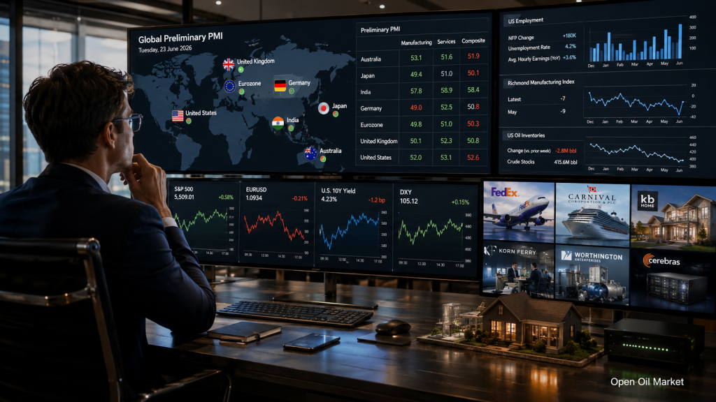 Ekonomik olaylar ve kurumsal raporlar: Salı, 23 Haziran 2026 — küresel PMI, ABD işgücü, FedEx, Carnival ve KB Home